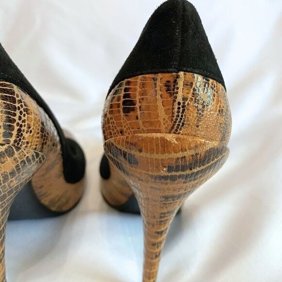 CHRISTIAN DIOR BROWN SNAKE EMBOSSED LEATHER BLACK SUEDE STILETTO HEEL PUMPS - 38 - Picture 8 of 9